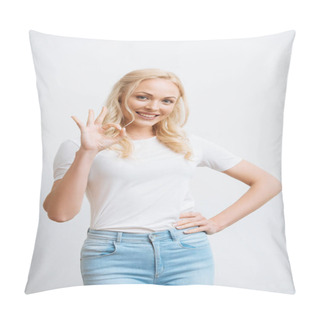 Personality  Happy Woman Holding Hand On Hip And Showing Okay Gesture At Camera Isolated On White Pillow Covers