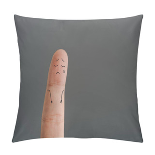 Personality  Cropped View Of One Lonely Finger Crying Isolated On Grey Pillow Covers