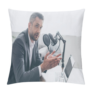 Personality  Handsome Radio Host Gesturing And Looking At Camera While Sitting At Workplace In Broadcasting Studio Pillow Covers