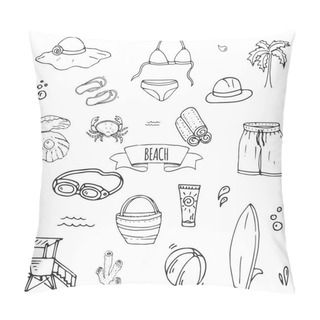 Personality  Hand Drawn Doodle Beach Set Icons Vector Illustration Sketchy Summer Vacation Elements Collection Isolated Holiday Objects Cartoon Sea Relax Journey Symbols Summertime Traveling Background  Pillow Covers