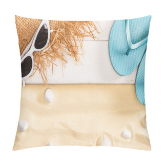 Personality  Top View Of Straw Hat Near Sunglasses And Blue Flip Flops On White Wooden Planks And Pebbles On Sand Pillow Covers