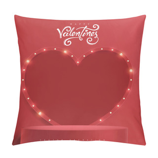 Personality  Valentine's Day Sale Banner Background With Red Product Display And Retro Light Bulbs Heart Shape Sign Background Pillow Covers
