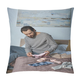 Personality  Loss, Depressed Man Sitting On Bed Near Baby Clothes And Ultrasound Scan, Miscarriage Concept Pillow Covers