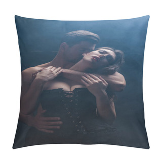 Personality  Handsome Man Kissing And Hugging Seductive Woman In Corset On Black Background With Smoke Pillow Covers