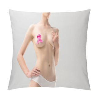 Personality  Partial View Of Topless Young Woman In Panties With Pink Ribbon Covering Breast Isolated On Grey Pillow Covers
