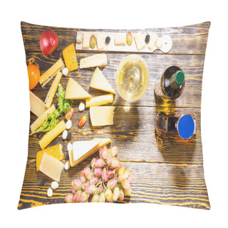 Personality  Gourmet Cheeses, Fruit And Wine On Wooden Table Pillow Covers