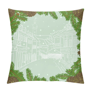 Personality  Fir Tree Branches Christmas Frame With Sketch Of Old Town Pillow Covers