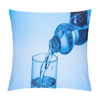 Personality  Water Pouring From Plastic Bottle In Glass On Blue Background With Copy Space Pillow Covers