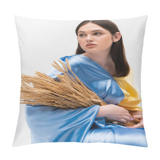Personality  Brunette Young Ukrainian Woman Covered With Blue And Yellow Flag Holding Wheat Spikelets Isolated On Grey Pillow Covers