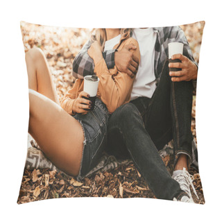 Personality  Cropped View Of Young Couple Holding Thermo Cups While Sitting On Fall Foliage Pillow Covers