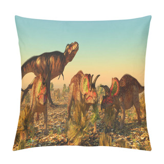 Personality  A Group Of Male Triceratops Dinosaurs Become Alarmed As A Tyrannosaurus Rex Carnivore Eyes Them As Prey In Jurassic North America.  Pillow Covers