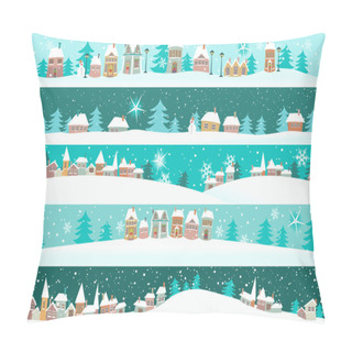 Personality  Winter Banners With Cartoon Houses Pillow Covers
