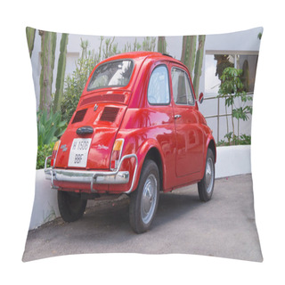 Personality  Rear View Of An Old Red Fiat 500 Car. Collector's Car Parked.  Pillow Covers
