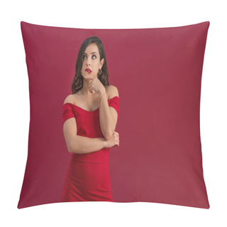 Personality  Dreamy, Elegant Girl Looking Away While Standing Isolated On Red Pillow Covers