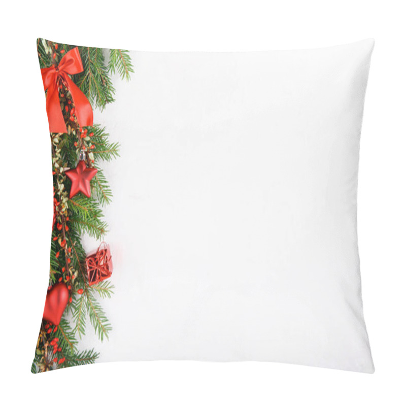 Personality  Spruce Branches Decorated With Red Ornaments And Red Barberry Berries On A White Background. Festive Xmas Fir Tree. Top View. Copy Space. Christmas Or New Year Background. Pillow Covers
