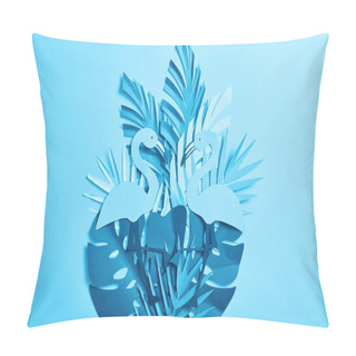 Personality  Top View Of Blue Exotic Paper Cut Flamingos And Palm Leaves On Blue Background With Copy Space Pillow Covers