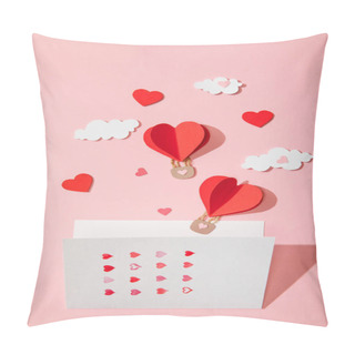Personality  Top View Of Greeting Card With Hearts Near Paper Heart Shaped Air Balloons In Clouds On Pink Pillow Covers