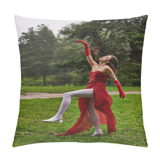Personality  A Young Woman In A Stunning Red Dress Gracefully Dances In The Rain, Feeling The Summer Breeze. Pillow Covers