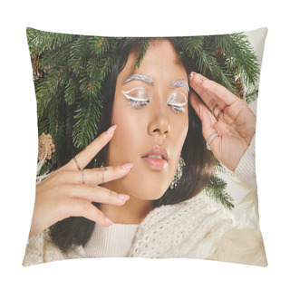 Personality  Winter Beauty, Close Up Of Charming Woman With Closed Eyes Wearing Green Wreath And Touching Face Pillow Covers