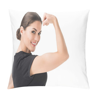 Personality  Young Woman Showing Female Power Gesture Isolated On White Pillow Covers