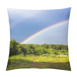 Personality  Rainbow Over The Summer Mixed Forest, Cloudy Sky And Clear Rainbow Colors, Forest Road. Natural Landscape. Rainbow Colors After Rain. Rain Clouds. Pillow Covers