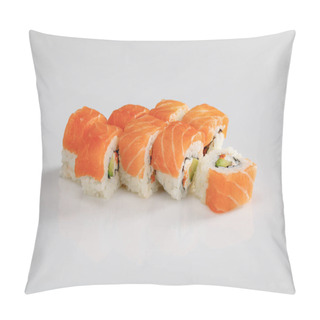 Personality  Delicious Philadelphia Sushi With Avocado, Creamy Cheese, Salmon And Masago Caviar On White Background Pillow Covers