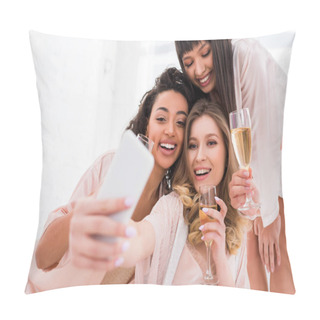 Personality  Smiling Multiethnic Girls With Champagne Glasses Taking Selfie On Smartphone During Pajama Party Pillow Covers