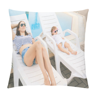 Personality  Endless Summer. Cute Baby And Mother Relaxing At Sunbed Pillow Covers
