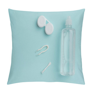 Personality  Top View Of Sterile Liquid In Bottle, Tweezers And Container For Contact Lenses On Blue Tabletop Pillow Covers