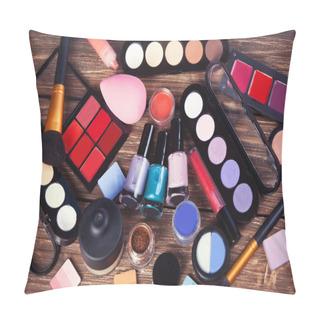 Personality  Cosmetics On Wooden Table. Pillow Covers