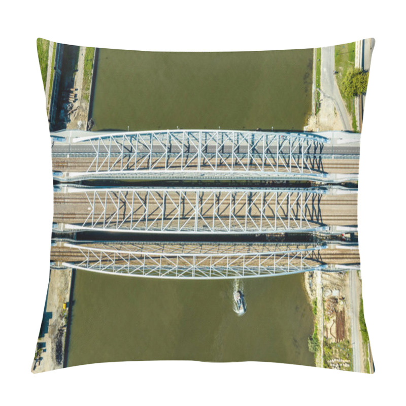 Personality  Triple Tied-arc Railroad Bridge With Four Tracks, Footbridge For Pedestrians And Bicycle Lane Over Vistula River In Krakow, Poland. Aerial View From Above Pillow Covers