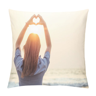 Personality  Beautiful And Young Woman Depicts The Heart Rukmi On The Beach Pillow Covers