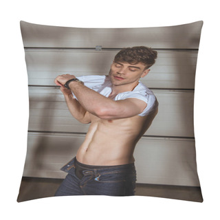 Personality  Sexy Muscular Man In Jeans Taking Off White T-shirt Pillow Covers