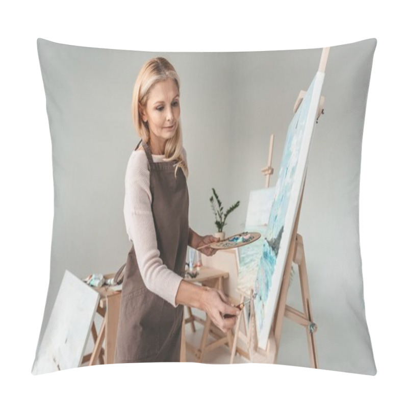 Personality  Beautiful Mature Woman In Apron Painting On Easel At Art Class  Pillow Covers
