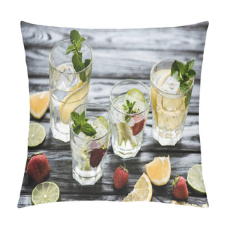 Personality  Close-up View Of Glasses With Fresh Cold Summer Cocktails On Wooden Table Pillow Covers