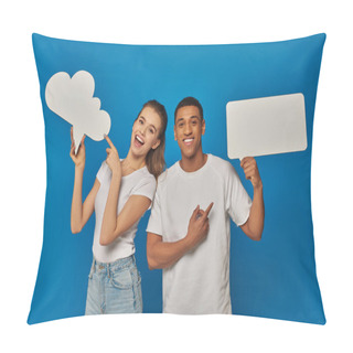 Personality  Amazed Interracial Couple Pointing At Blank Placards On Blue Backdrop, Thought And Speech Bubbles Pillow Covers
