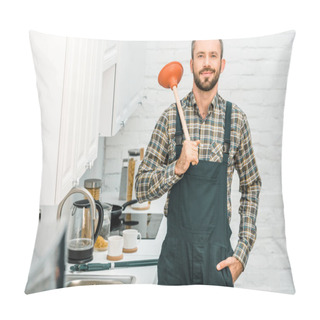 Personality  Cheerful Handsome Plumber Holding Plunger On Shoulder And Looking At Camera In Kitchen Pillow Covers
