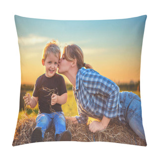 Personality  Mom Kisses Her Son At Sunset. Mom And Son Are Sitting On A Haystack In The Field At Sunset. Rural Life, Nature Walks, Rural Holidays Pillow Covers