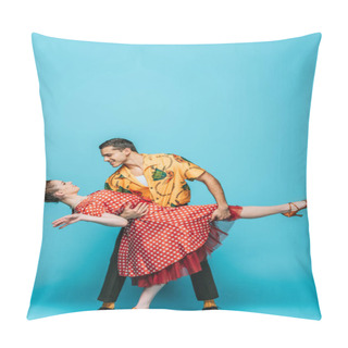 Personality  Handsome Dancer Supporting Partner While Dancing Boogie-woogie On Blue Background Pillow Covers
