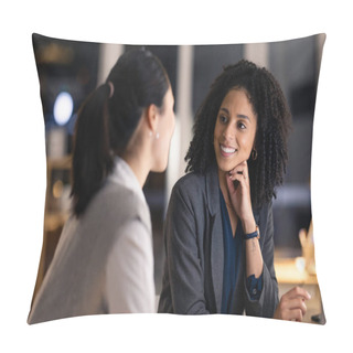 Personality  Night, Office And Business Meeting Women With Teamwork, Collaboration And Brainstorming Global Marketing Ideas For Client Negotiation. Corporate Employees In Dark Workplace For Strategy Communication. Pillow Covers