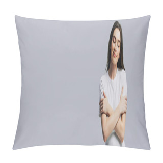 Personality  Dreamy Smiling Beautiful Girl In White T-shirt Hugging Herself With Closed Eyes Isolated On Grey, Panoramic Shot Pillow Covers