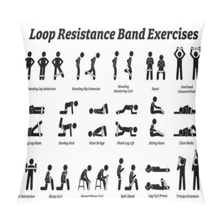 Personality  Loop Resistance Mini Band Exercises And Stretch Workout Techniques In Step By Step. Vector Illustrations Of Stretching Exercises Poses, Postures, And Methods With Loop Resistance Band.  Pillow Covers