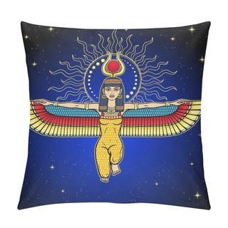 Personality  Animation Color Portrait: Sitting Winged Goddess Isis With Horns In Glow Of The Sun. Background - Night Star Sky. Vector Illustration. Print, Poster, T-shirt, Tattoo. Pillow Covers