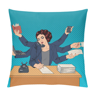 Personality  Business Superwoman Pop Art Banner. Woman With Many Hands Doing A Lot Of Things Pillow Covers