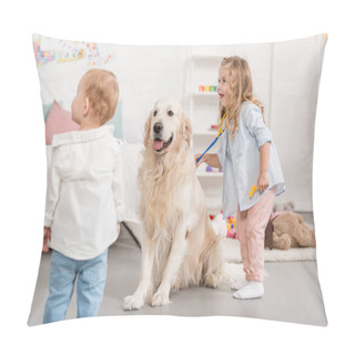 Personality  Adorable Sisters Looking Away, Golden Retriever Sitting On Floor In Children Room Pillow Covers