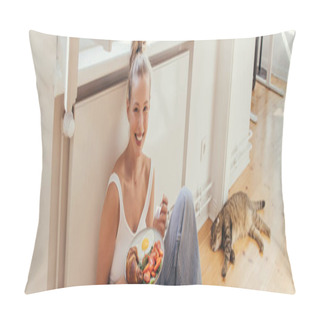 Personality  Blonde Woman In Top Holding Breakfast On Plate Near Scottish Fold Cat On Floor At Home, Banner  Pillow Covers