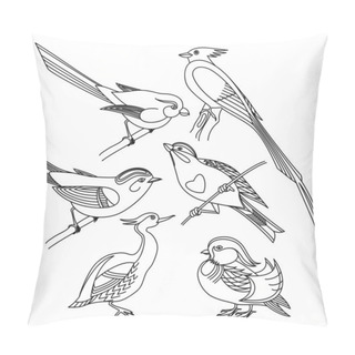 Personality  Set Of Different Birds. Black-white Illustration. Pillow Covers