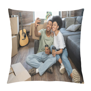 Personality  Joyful African American Couple Taking Selfie And Holding Coffee Near Cardboard Boxes In New House Pillow Covers