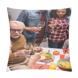 Personality  Selective Focus Of Elderly Woman Clinking Wine With Man During Thanksgiving Celebration With Multiethnic Family  Pillow Covers