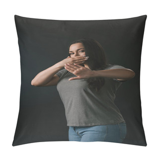 Personality  Plus Size Girl Expressing Silence With Stop Gesture Isolated On Black Pillow Covers